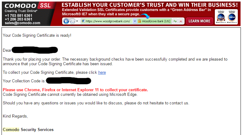 Email from Comodo